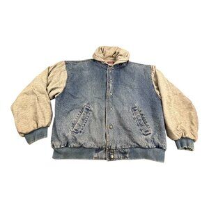 Basic Bomber Jean Trucker Jacket Men's XL Blue Denim Hooded Snap Button RN 90163